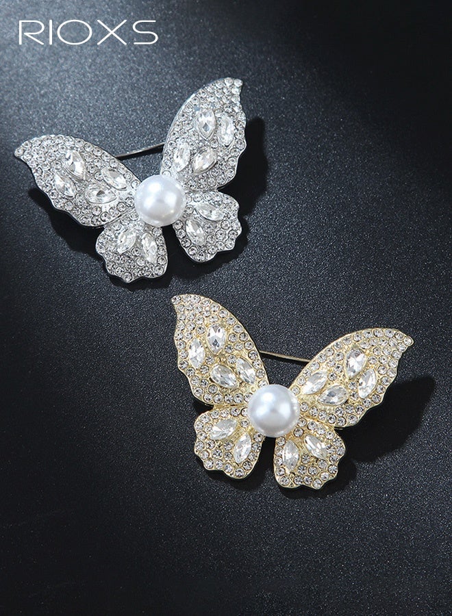 RIOXS Unisex Butterfly Brooch, Elegantly Adorned with Crystal Rhinestones and Pearl Accents, Vintage-Inspired Luxury Lapel Pin, Sparkling Accessory for Shirts, Dresses, Hats, Scarves, Wedding Banquets, Dances, and Evening Gowns, Perfect Gift Choice, Silver - Image 4